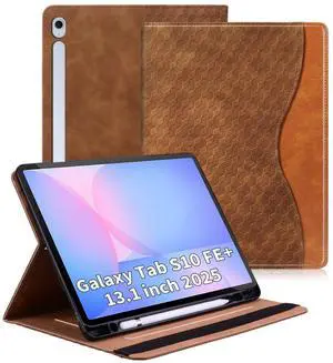 Varohix Case for Samsung Galaxy Tab S10 Fe Plus 13.1" 2025, PU Leather Folio Business Protective, Multi-Angle Viewing Stand with Front Pocket, Hand Strap for Galaxy S10 FE+ Brown