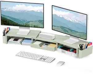 OPNICE Desk Organizers and Accessories, Dual Monitor Stand Riser with Drawer and 2 Pen Holders, Desk Shelf Metal Computer Monitor Stand for Office Workspace Organizers, Desktop Organization (Green)