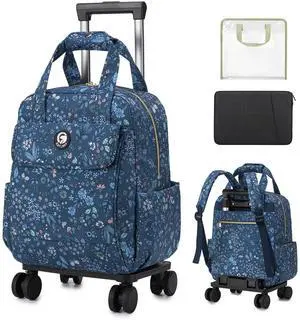 BAGZY 25L Rolling Backpack Waterproof Rolling Teacher Bag with Laptop Compartment Travel Backpack with Wheels Laptop Bag with Wheels Rollings Briefcase for Women Men Blue Flowers