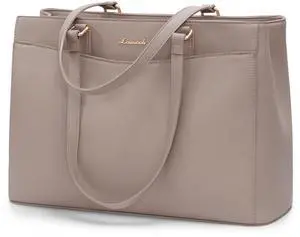 LOVEVOOK Laptop Tote Bag for Women, Work Bags Teacher Tote Bag, Waterproof Leather Computer Bag, Business Laptop Purse Office Handbag Professional Briefcase, Taupe, 15.6 Inch