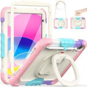 HXCASEAC Case for Kids iPad A16 11th/10th Generation, Full Body Protective with 360 Degree Rotating Handle Stand, Screen Protector, Pencil Holder, Shoulder Strap (A2969/A2757/A3354/A3355/3356) - Pink
