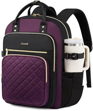 LOVEVOOK Laptop Backpack for Women with Giant Tumbler Holder Pocket, 15.6 Inch Water Resistant Lightweight Daypacks for College Work Business, Nurse Teacher Computer Bags, Purple Black
