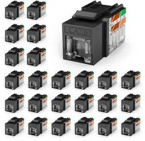 VCELINK RJ45 Cat 6 Keystone Jacks 25-Pack, Dust-Proof Keystone Jacks, 90-Degree Punch Down Ethernet Modular Jacks, UTP Keystone Jack Adapter, Black