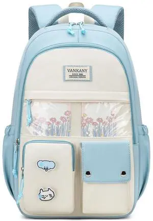 VANKANY School Backpack, Cute Teen Girls Bookbag Large Capacity for Kids Elementary College Women Laptop Backpack Schoolbag with Accessories, Blue Beige