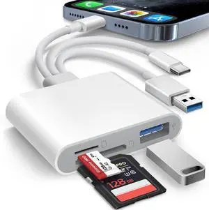 AkHolz SD Card Reader for iPhone iPad Mac Trail Game Camera Viewer Built-in 3-in-1 Connector (Lightening, USB-C and USB-A) with SD MicroSD USB-A 3 Slots, Portable No App Required Plug & Play - White
