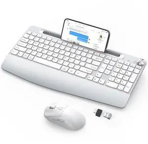 GAMCATZ Wireless Keyboard and Mouse - Full-Sized Ergonomic Keyboard with Wrist Rest, Phone Holder, Volume Knob,2.4GHz Silent Cordless Keyboard Mouse Combo for Computer, Laptop, PC, Mac, Windows -White