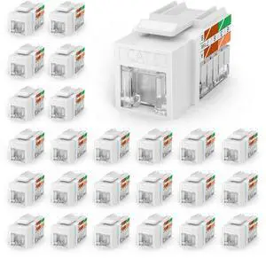 VCELINK RJ45 Cat6 Keystone Jacks, Dust-Proof Keystone Jacks,Slim Profile 25-Pack, 90-Degree Punch Down Ethernet Modular Jacks, UTP Keystone Jack Adapter, White