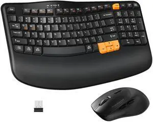 Wireless Keyboard and Mouse Combo, 2.4G Wave Keys Ergonomic Keyboard with Palm Rest and 3 DPI Silent Mouse, Compact Size for Natural Typing, Spill-Resistant, for Windows/PC/Laptop/Mac(Black)