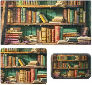 Ergonomic Desk Mat, Large & Small Mouse Pads + Wrist Rest, Anti-Slip, Memory Foam for Home Office Gaming (23.611.8in), Library Bookshelf