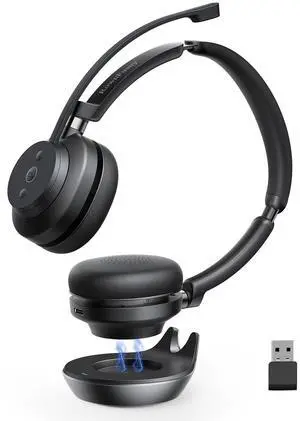 Rownfusny Wireless Headset with Mic for Work, Bluetooth Headphones with Noise Cancelling Microphone & 2.4G USB Dongle, Mute Button for PC, Laptop, Call Center, Home, Office, Zoom, Teams Meeting