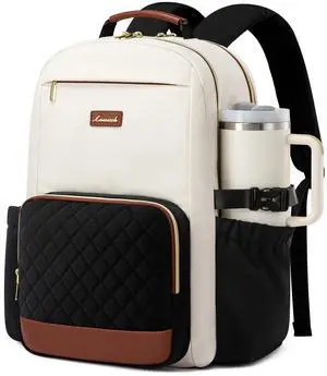 LOVEVOOK Laptop Backpack for Women with Pouch Pocket for Large Capacity Cup,15.6 Inch Teacher Nurse College Work Travel Backpack Purse,Waterproof Laptop Computer Bags,Beige-Black-Brown+Diamond-shaped