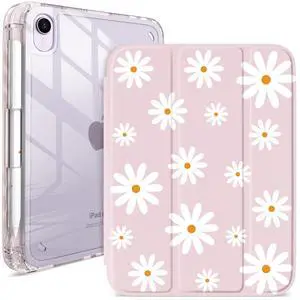 iPad mini 6/7 Case (8.3") with Pencil Holder  Hot Pink Acrylic Cover with Flower Print, Tri-Fold Stand, Auto Wake/Sleep, Fits A2567/A2568/A2569 & A17 Pro (Simple Daisies Flowers)