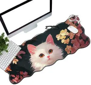 BEOTIWAD White Cat Flower Desk Mat Mouse Pad 31.5" x11.8" XL Extended Mousepad Huge Mouse Pads with Stitched Edges Desk Pad for Work, Game, Office, Home