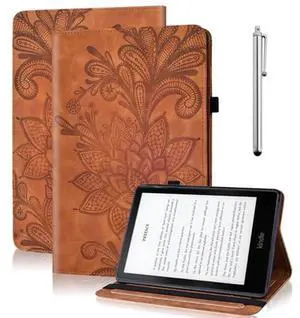 TUOLISG Case for All-New 7" Kindle Paperwhite 12th Generation 2025/2024 & Kindle Colorsoft Signature Edition 2024, Embossed Lace Premium PU Leather Case with Card Slot/Pen Holder, Brown