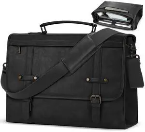 RAINSMORE Mens Messenger Bag 17 Inch Waterproof Vintage Leather Laptop Briefcase Large Computer Laptop Bag Satchel Bag Retro Shoulder Bag,Black