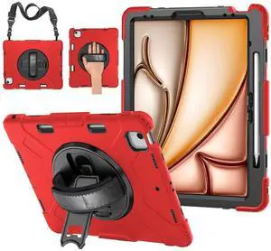 TNP Protective Case for iPad Air 13 Inch M2 6th 2024 & iPad Pro 12.9" 6th/5th/4th/3rd Gen (2022 2021 2020 2018) - Shockproof Cover w/Pencil Holder, Handle, Adjustable Stand & Shoulder Strap, Red