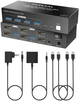PERESAL Dual Monitor HDMI KVM Switch, 2 Computers 4K60Hz Dual Monitor KVM Switches for Dual PC or Laptops,4 USB 3.0 Ports Support Extended/Copy Mode with DC 12V Adapter&Wired Controller