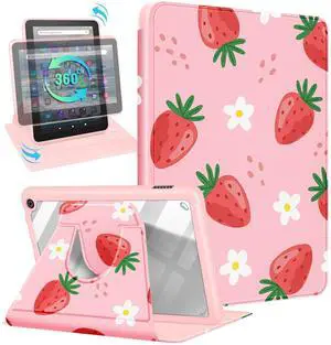 Kidcube for Amazon Kindle Fire 7 Tablet Case 12th Generation 2022 Release for Women Girls Cute Girly Folio Cover Strawberry Design Pretty Rotating Stand with Auto Wake/Sleep for Kindle Fire 7 Cases 7"