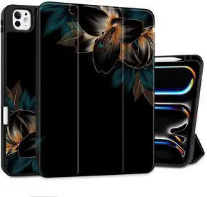 MEEgoodo Case for M5 iPad Pro 11 inch 2025/M4 iPad Pro 11 inch Case 2024, Tablet Cover with Trifold Stand & Pencil Holder & Auto Wake/Sleep & Soft TPU Back Cover, Golden Lilies