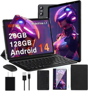 2025 Android 14 Tablet, 10 Inch Tablets 20GB RAM+128GB ROM+1TB Expand, Octa-Core Android Tablet with Keyboard, Mouse, HD IPS Touchscreen, 6000mAh, BT 5.0, WiFi 6, Widevine L1, Split Screen -Black