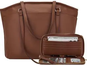 YZAOLL 15.6 Inch Laptop Tote Bag for Women,Water-resistant Vegan Leather with Anti-Scratch Padded Sleeve,Lightweight Multi-Pocket Work Bag for Business Travel,College,Office Essentials,DarkBrown