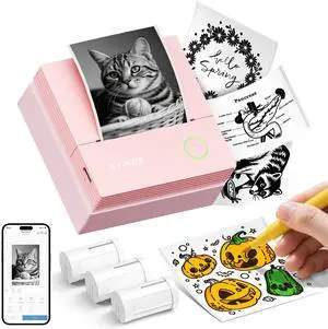 ETIKEZ Sticker Printer, PM290C Thermal Mini Printer, Bluetooth Print Pod with 3 Rolls of Paper, Portable Print Pods for Phone & Tablet, Sticker Maker Machine for Notes, Photos, Journal, Cerise