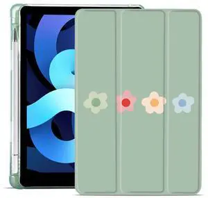 MAYCARI Four Color Flowers Design Print Case for iPad 10.2 inch 2021/2020/2019 with Pencil Holder, Cute for iPad 9th/8th/7th Generation Soft TPU Back Protective Case, Auto Sleep/Wake Cover Slim Shell