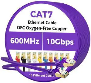 Cat 7 Ethernet Cable 100 FT, 10Gbps High Speed Internet Cord, SFTP Shielded, OFC Pure Copper, CAT7 RJ45 LAN Network Cable Compatible with PC, Laptop, PS5, Xbox Modem, Router, PoE, Purple Cable