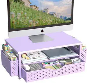 Desk Organizer and Accessories, Computer Monitor Stand Riser with Drawer and 2 Pen Holders, Office Desk Accessories & Workspace Organizers for Office Supplies (Purple)