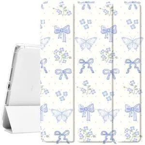 Idocolors Cute Kawaii Blue Bow Butterfly Pad Case for 11 Inch iPad Air(2024), Clear TPU Smart Stand Back Cover with Pencil Holder, Auto Wake/Sleep Foldable Shockproof Protective Case for Women Girls