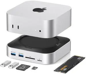 BAOZEE Mac mini Dock with NVMe SSD Enclosure, USB-C Hub for Mac mini M4/M4 Pro with 2X USB-A 10Gbps, 3X USB-A 5Gbps, HDMI, DP, SD/TF Card Reader  Magnetic Cover, Up to 8TB SSD Support