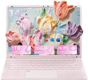 Rumtuk 14" Pink Thin and Light Laptop, 1TB SSD 16GB RAM, 2K IPS Display, in tel N150 Processor (up to 3.6GHz), Fingerprint, Backlit Keyboard, Win 11 Pro with Office, USB-C, Webcam, Long Battery Life
