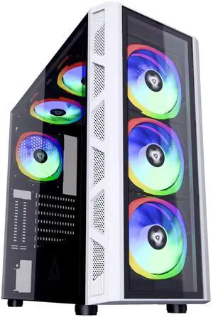 Apevia GD-PRO-WH Guardian Pro Mid Tower Gaming Case with 2 x Tempered Glass Panel, 2 x Vertical Graphics Card PCI-E Slot, Top USB3.0/USB2.0/Audio Ports, 6 x RGB Fans, White Frame