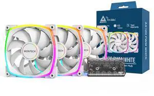 MONTECH AX 120MM - PWM Fan - Silent Performance - High Speed 1600PWM - High-End Durability with HDB Bearing - Stunning Outer Ring ARGB Lighting Design  3 in 1 Pack with 6X6 Fan Hub (AX120-3in1-W)