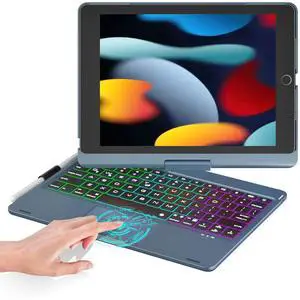 BABG iPad 9th Generation Case with Keyboard, 360° Rotatable Backlit Keyboard with Pencil Holder for 10.2 inch iPad 9th Gen 2021/ 8th Gen 2020/ 7th Gen 2019 and iPad Air 3 / Pro 10.5- Blue