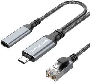Dutevolns USB C to Ethernet Cable  Female Charging 6.6 FT, USB-C Female 60W PD & Gigabit LAN Two in One, Type C to RJ45 Nylon Cord, Directly Connected, for MacBook Pro, Surfing Internet and Charging
