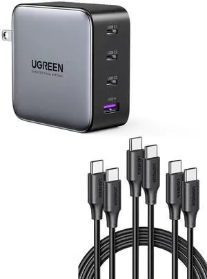 UGREEN 100W USB C Charger Bundle with 6.6FT 100W 3-Pack USB C to USB C Cable Compatible with iPhone 15/15 Plus/15 Pro/15 Pro Max, MacBook Pro 2022, iPad Pro 2022, Galaxy S24/S23 Ultra, Pixel