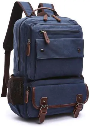 Canvas Backpack for Men Women, Vintage Rucksack Fit 15.6 Inch Laptop Travel Rucksack for Casual Hiking Travel Commute (Blue)