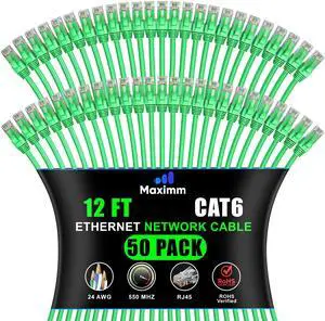 Maximm Cat 6 Ethernet Cable - 12 ft (50-Pack) - High-Speed LAN, Internet, Patch, and Network Cable - UTP, 10Gbps, 550MHz Ethernet Cord - Green