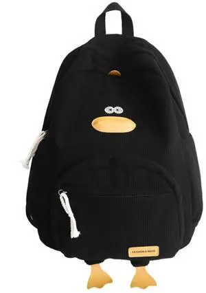 MININAI Novelty Duck Backpack Funny Animal Cartoon Corduroy Backpack Kawaii Aesthetic Laptop Backpack Preppy Stuff (Black)