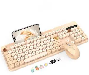 Wireless Keyboard and Mouse Combo, Retro Round Keycaps, Cute Full-Size Typewriter Keyboard with Phone Holder, Sleep Mode, 2.4GHz Cordless Connection for Windows/PC/Laptop (Milk-Tea Colorful)