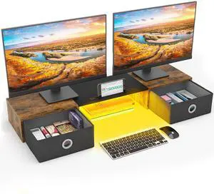 YAOHUOO Dual Monitor Stand with LED Light 2 Drawers, Computer Monitor Riser for 2 Monitors, Large Desktop Organzier with Storage for PC/Laptop/Computer/TV Screen/Printer