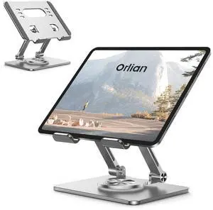 Tablet Stand Holder with Thickened 360°Rotating Base Dual Rod Adjustable Aluminum Stand for All 5.8-12.9 iPad Samsung Phone Tablet Kindle E-Reader and More, Silver