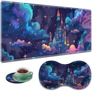 Large Gaming Mouse Pad + Mouse Wrist Rest Pad + Coaster Combination, 31.5 "x 11.8" Durable Non-Slip Extension Table Mat, Suitable for Office and Home, Astral Cloud Castle