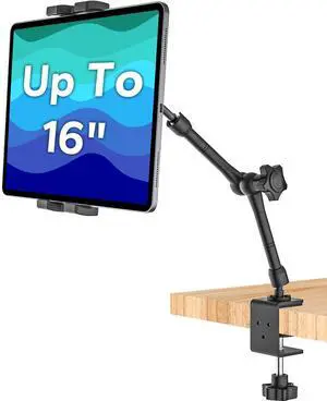 GDZN Tablet Stand for Desk, Under Cabinet, Kitchen, Shelf, 9.8" Metal Long Arm 360° Adjustable Tablet Mount, Aluminum Base Clamp Mount for iPad Pro Air Mini, Kindle, Fire HD, Galaxy Tab 4.7-16" Device