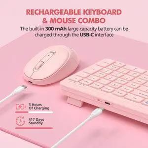 Pink Wireless Keyboard and Mouse Combo for Desktop Mac iPad Bluetooth 2.4 Ghz Rechargeable Slim Silent Click with Number Pad Compatible with Pc, Laptop, Tablet (Pink)