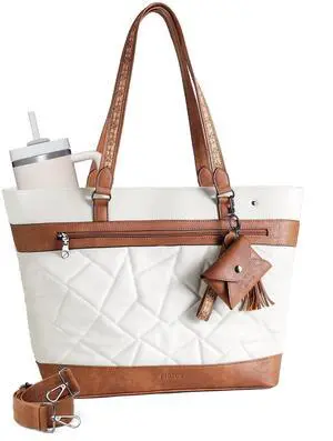 FADEON Quilted Tote Bag for Women, Designer Laptop Purse with Compartments, Large Leather Shoulder Handbag for Travel, Work, Daily, Teacher Beige