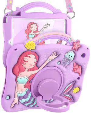 Boaretiu for iPad 9th Generation Case 10.2 Inch - for iPad 7th/8th/9th Gen 3D Cute Cartoon Mermaids Girls Teens Soft Silicone Tablet Cover with Strap & Rotating Stand