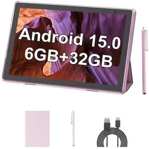 Android 15 Tablet 10 inch Tablets with Case and Stylus, 6GB RAM 32GB ROM Support 1024GB Expand Android Tablet PC, 6000mAh Battery, 10.1'' IPS HD Touch Screen, WiFi, BT, 2MP+8MP Dual Camera, Pink