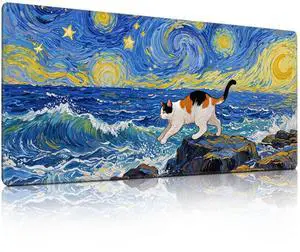 Cute Calico Cat Surfing Mouse Pad, Starry Night Style Mousepad - Large Non-Slip Desk Mat for Office, PC, Laptop - 35.5"x15.7" x 3mm